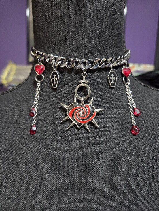 Jewelry - Handmade Red Black Silver Scene Necklace Spike Heart Coffin Goth Punk Emo Steel